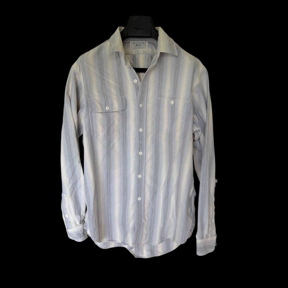 Y2K Polo Ralph Lauren Authentic Dungarees Striped Cotton Shirt Mens XL Blue Grey